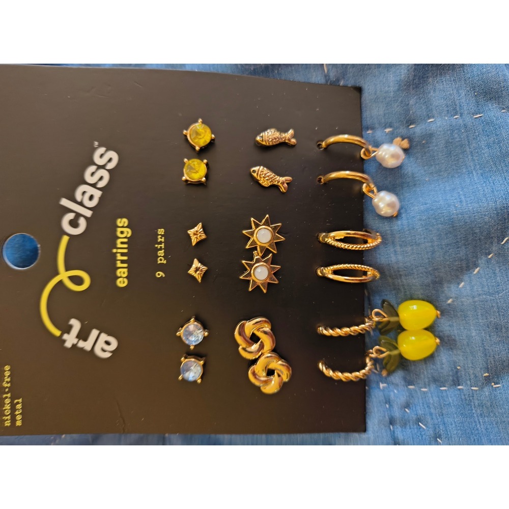 Art Class 9 Pairs Earring Set Gold Tone Fish Sun Lemon Pearl Studs Hoops NEW